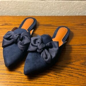 Navy Blue Bow Mule Flats Pointed Toe Size 7